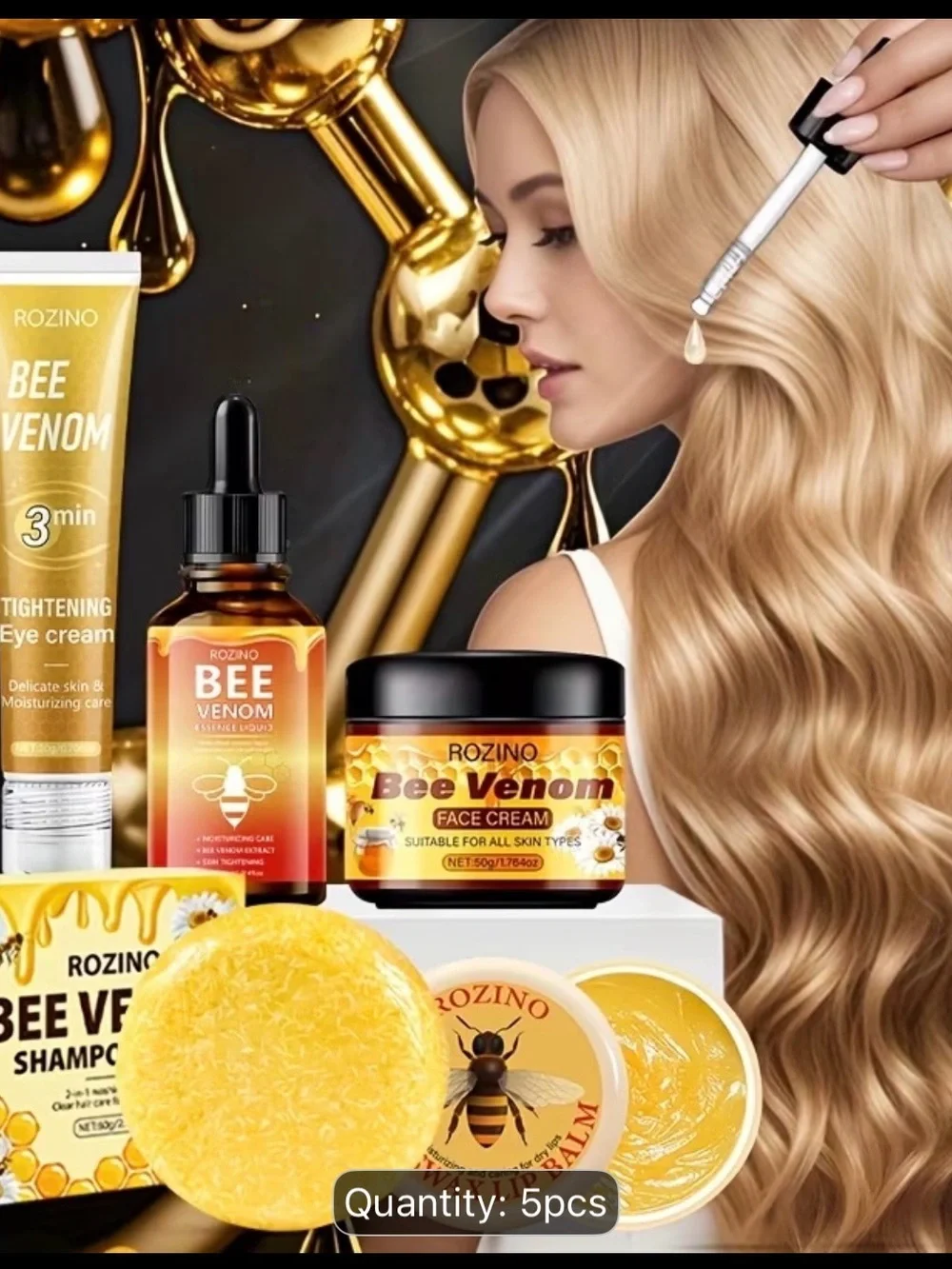 ROZINO Bee Venom Skincare Set Essence, Eye/Face Cream, Lip Balm, Shampoo Soap